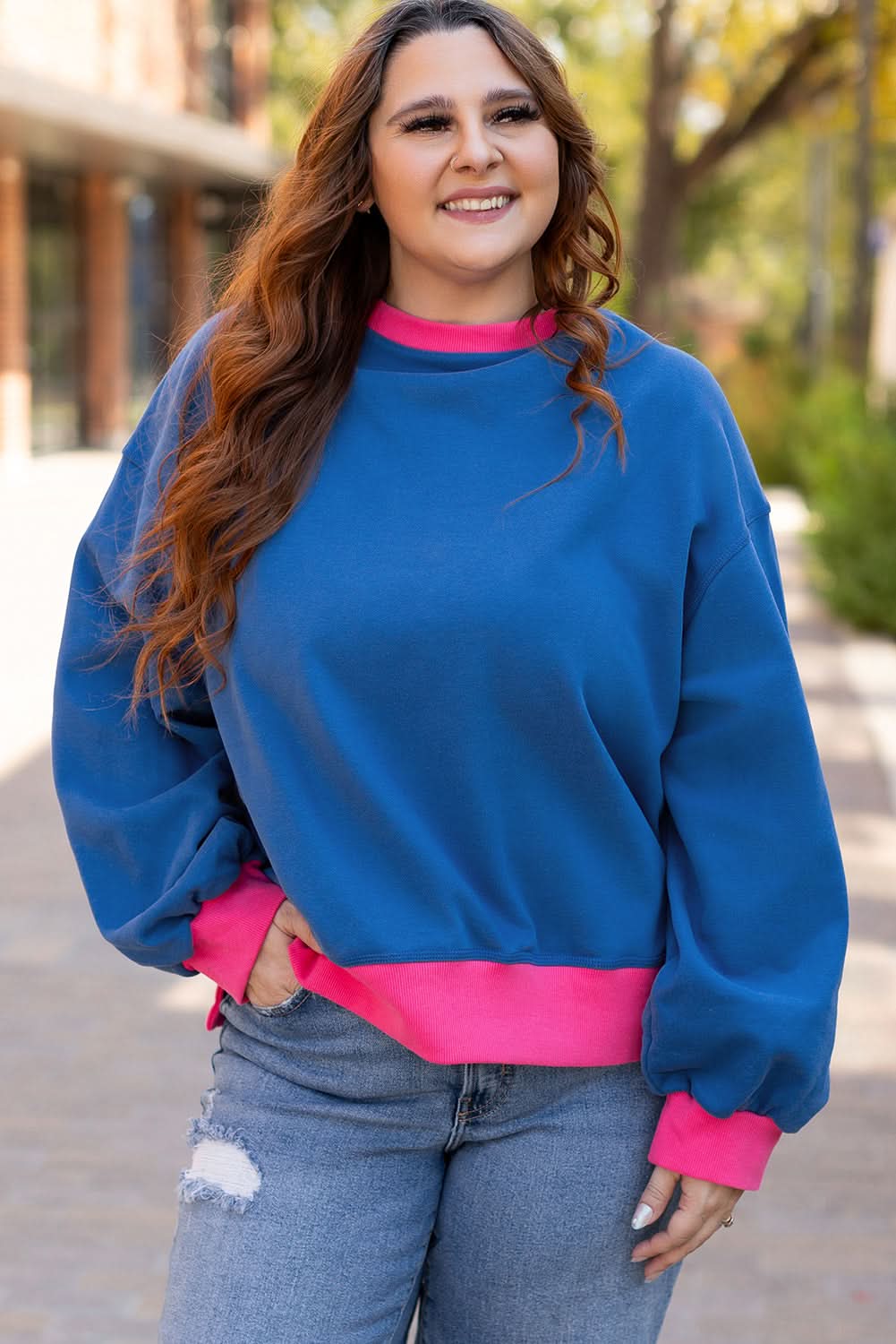 Sky blue color block plus size sweatshirt 