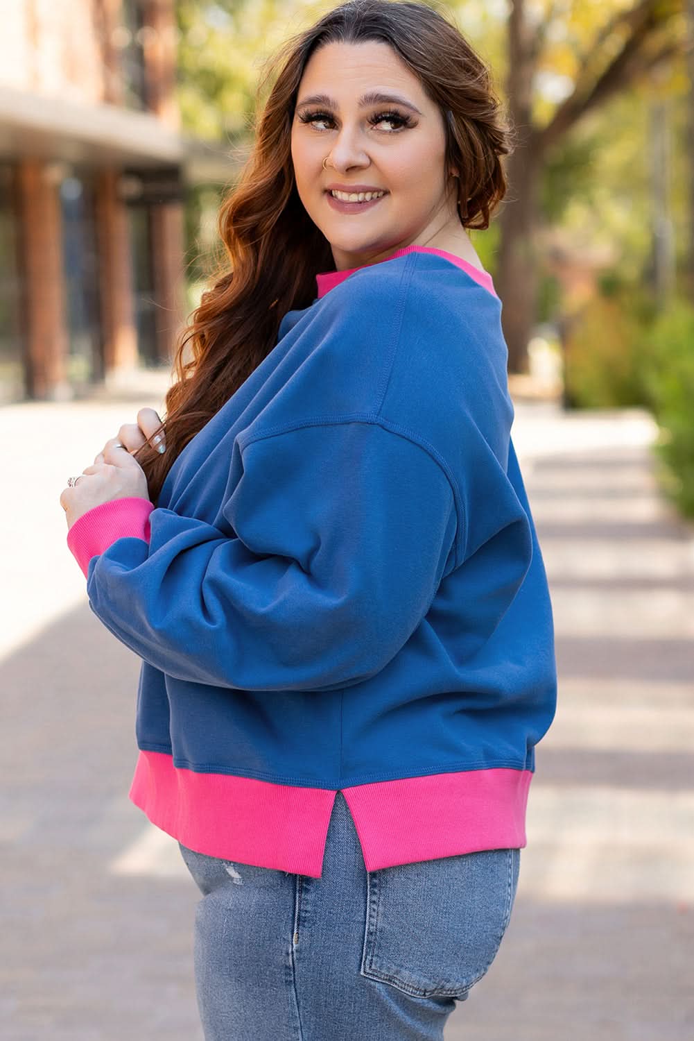 Sky blue color block plus size sweatshirt 