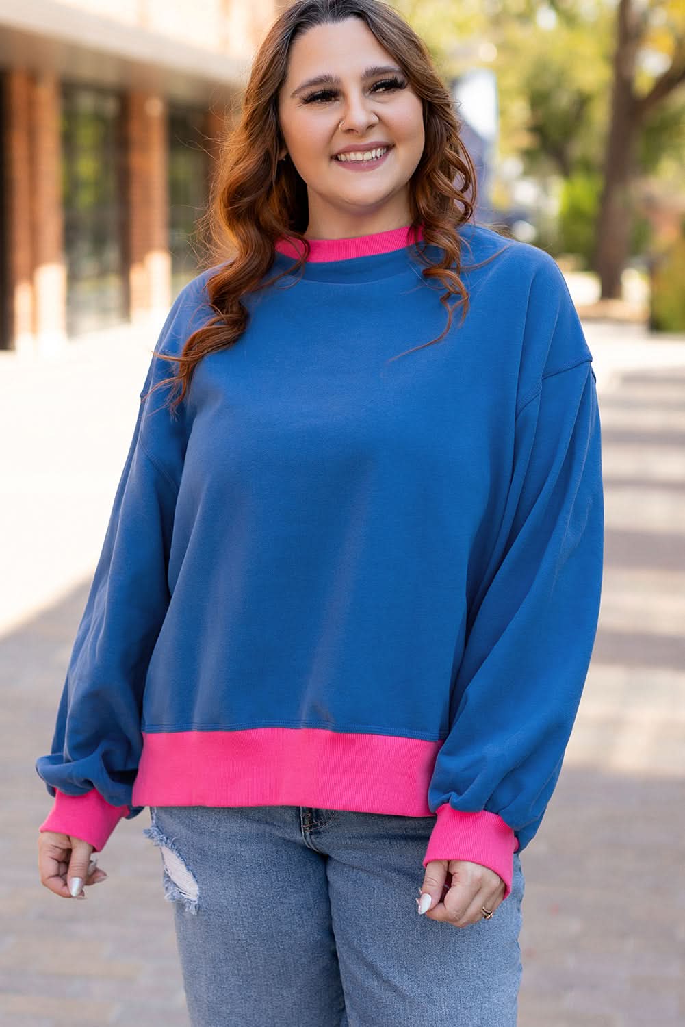 Sky blue color block plus size sweatshirt 