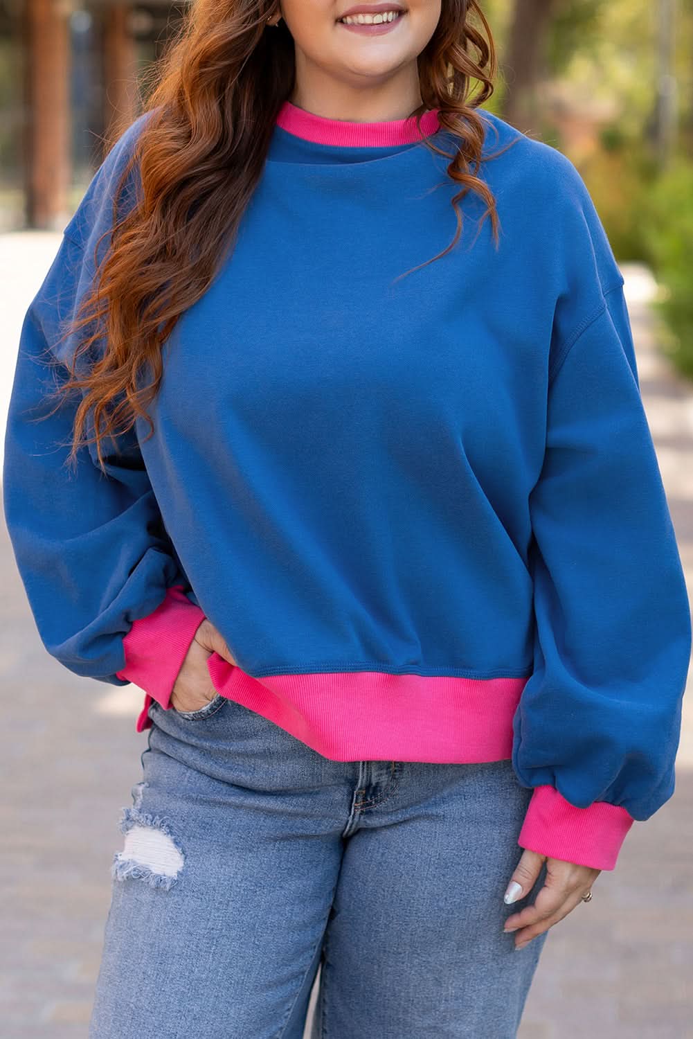 Sky blue color block plus size sweatshirt 