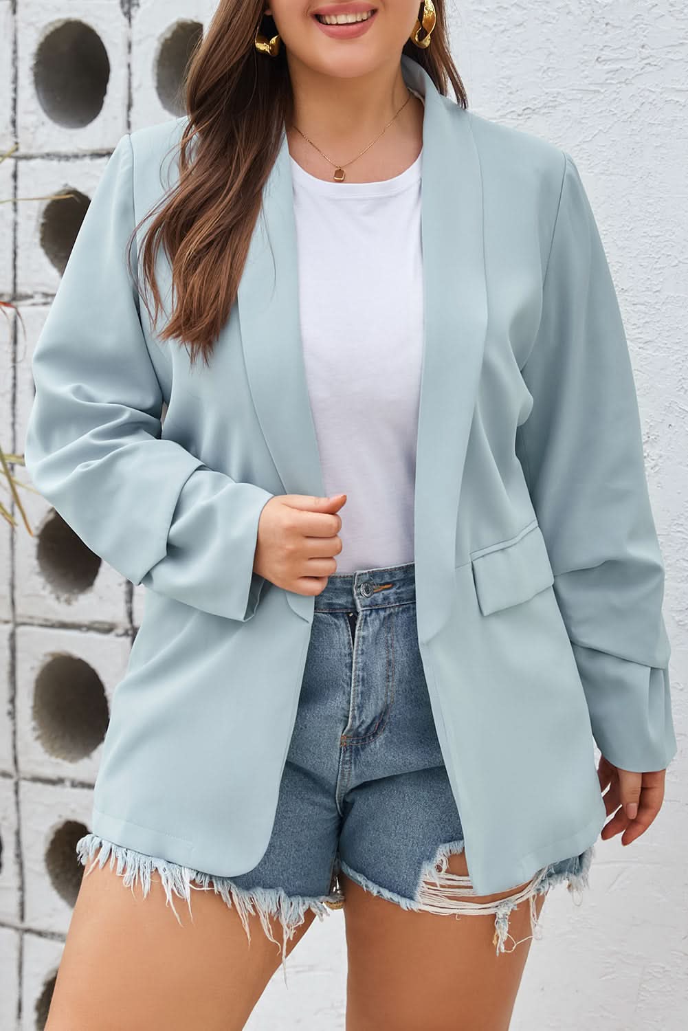 Sky blue plus size lapel blazer 