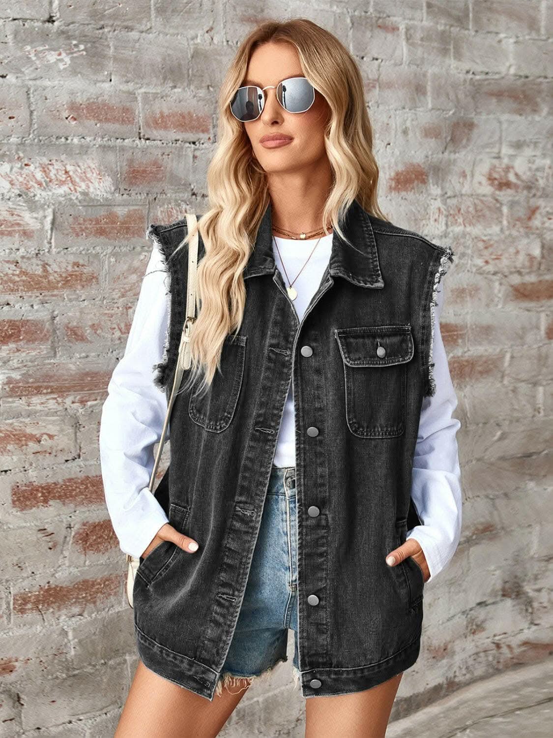 Sleeveless denim jacket with raw hem - Love Salve 