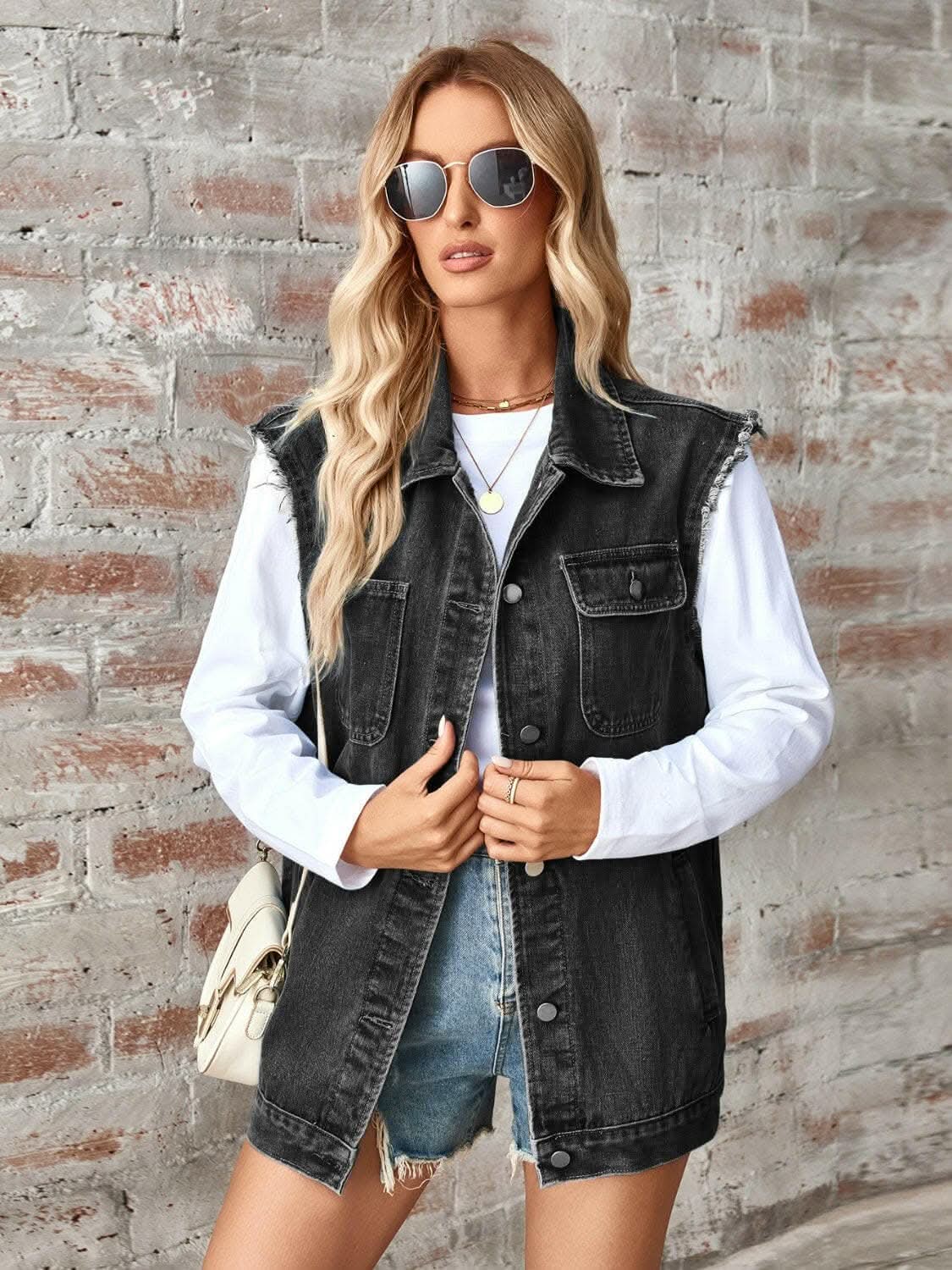 Sleeveless denim jacket with raw hem - Love Salve 