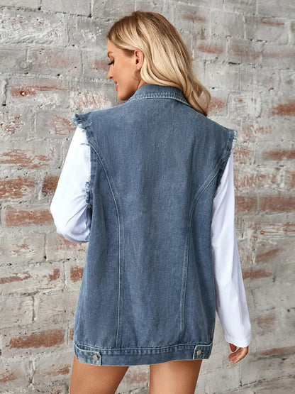 Sleeveless denim jacket with raw hem - Love Salve 