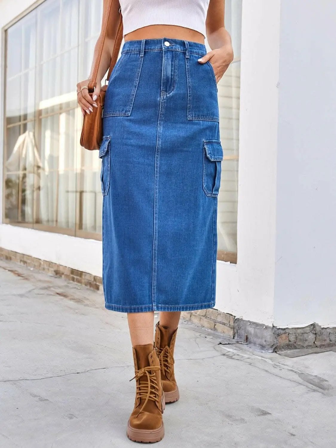 Slit denim midi skirt with pockets - Love Salve 