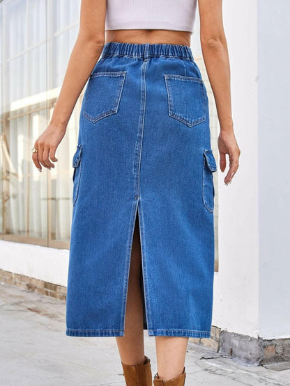 Slit denim midi skirt with pockets 