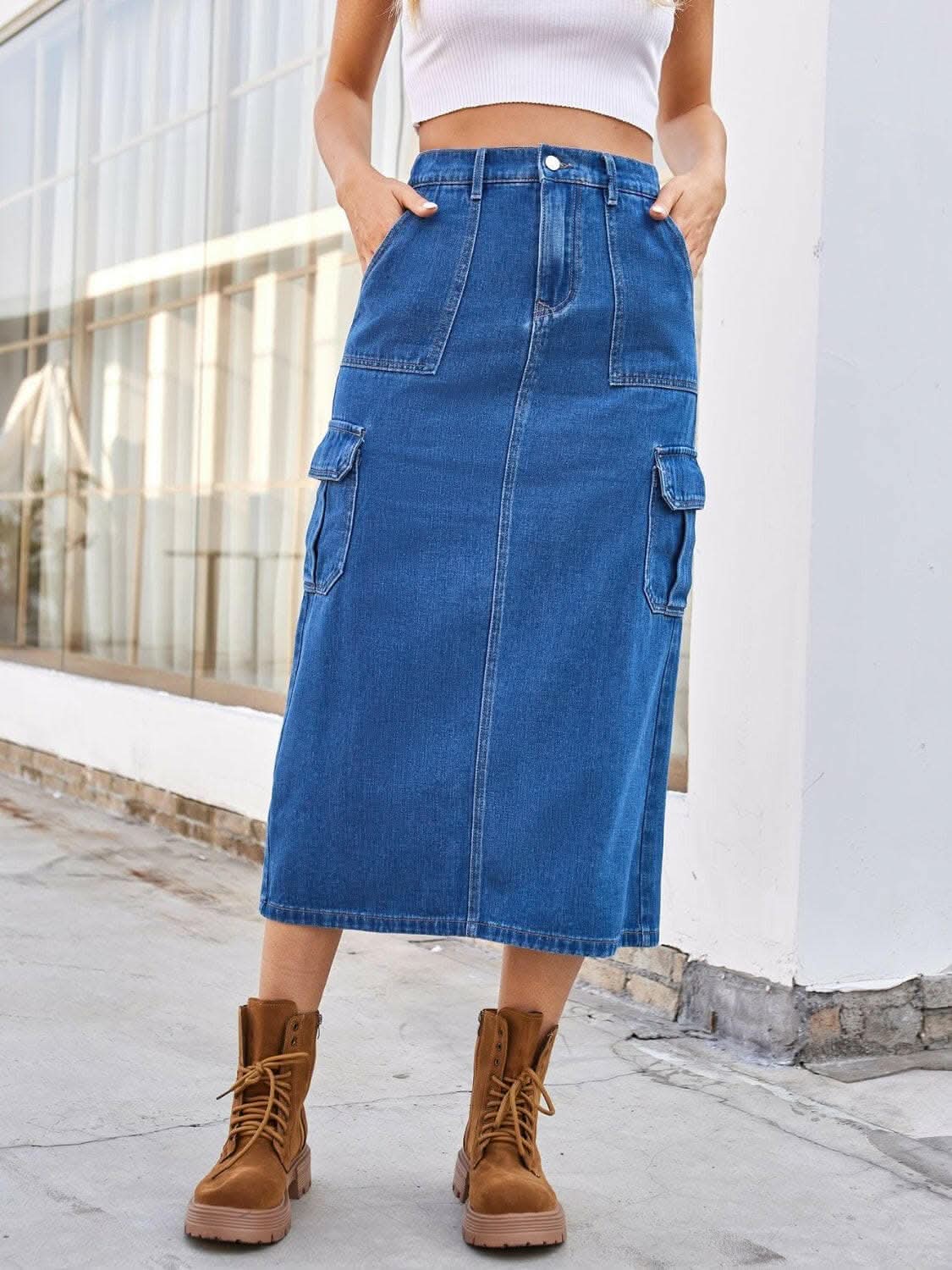 Slit denim midi skirt with pockets 