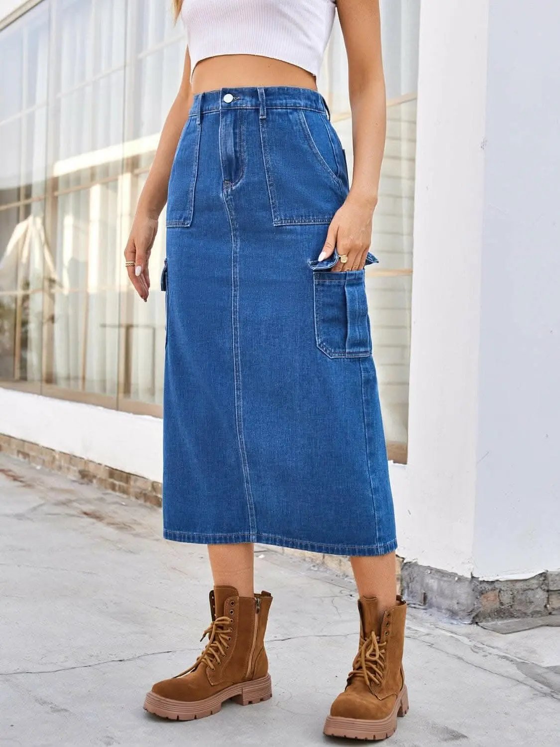 Slit denim midi skirt with pockets - Love Salve 