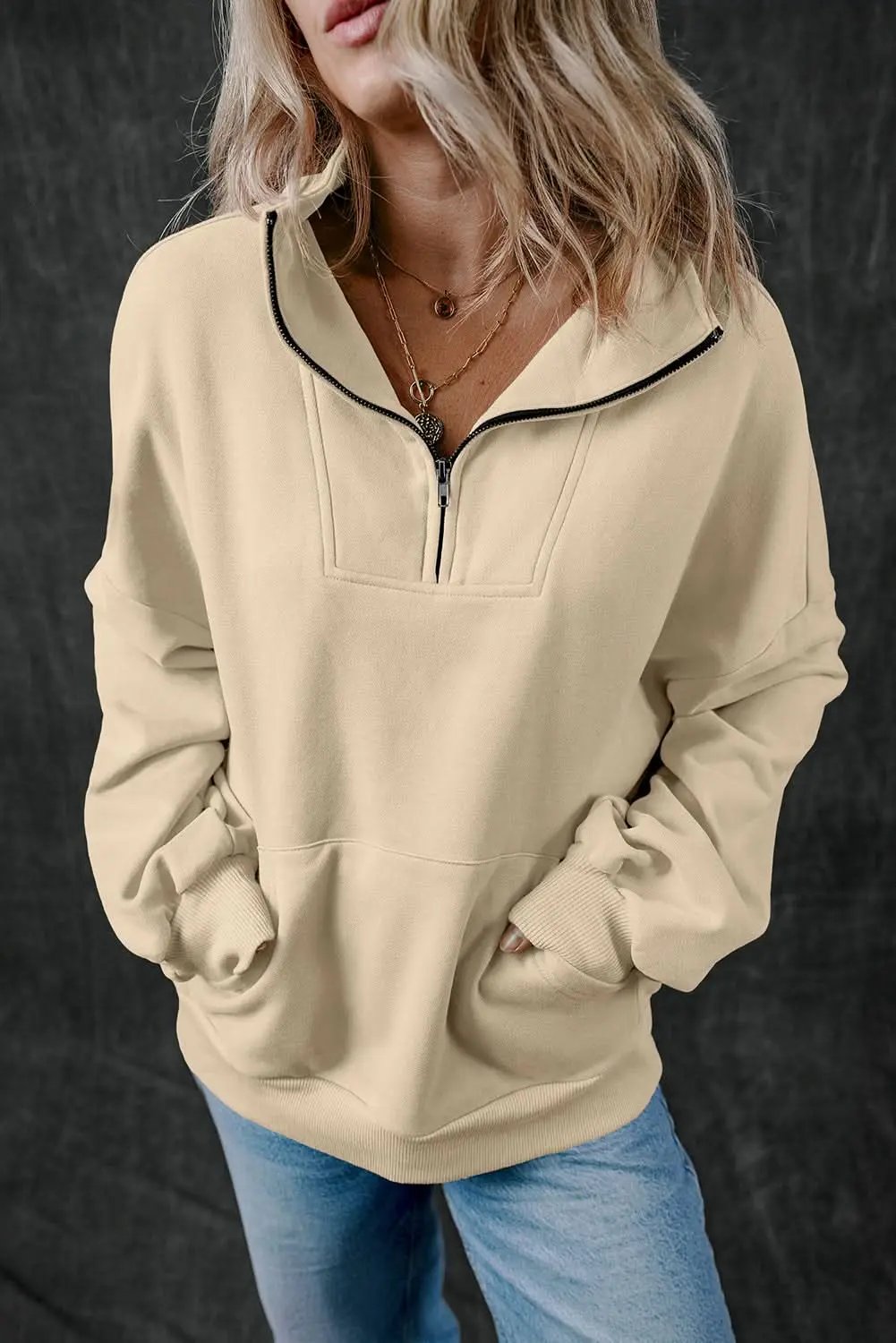 Smoke Gray Zip-up Stand Neck Kangaroo Pocket Sweatshirt - Love Salve 