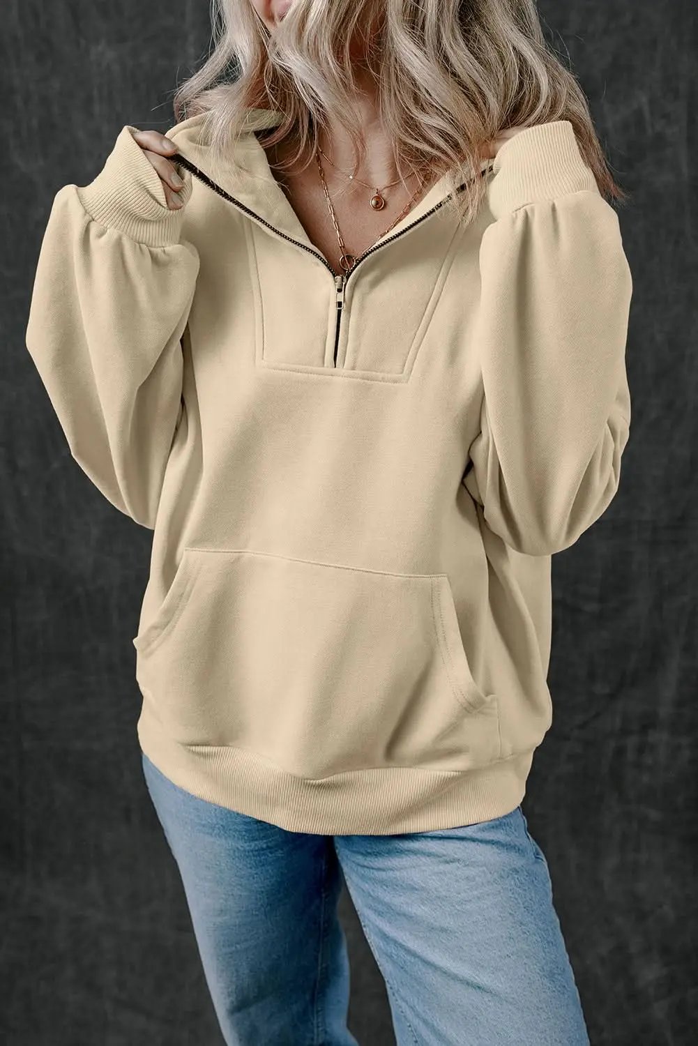 Smoke Gray Zip-up Stand Neck Kangaroo Pocket Sweatshirt - Love Salve 