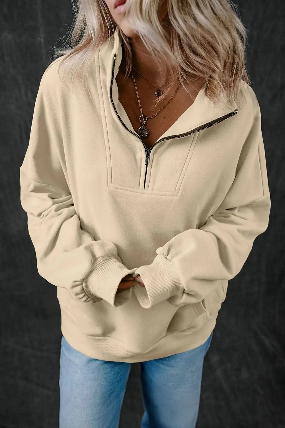Smoke Gray Zip-up Stand Neck Kangaroo Pocket Sweatshirt - Love Salve 
