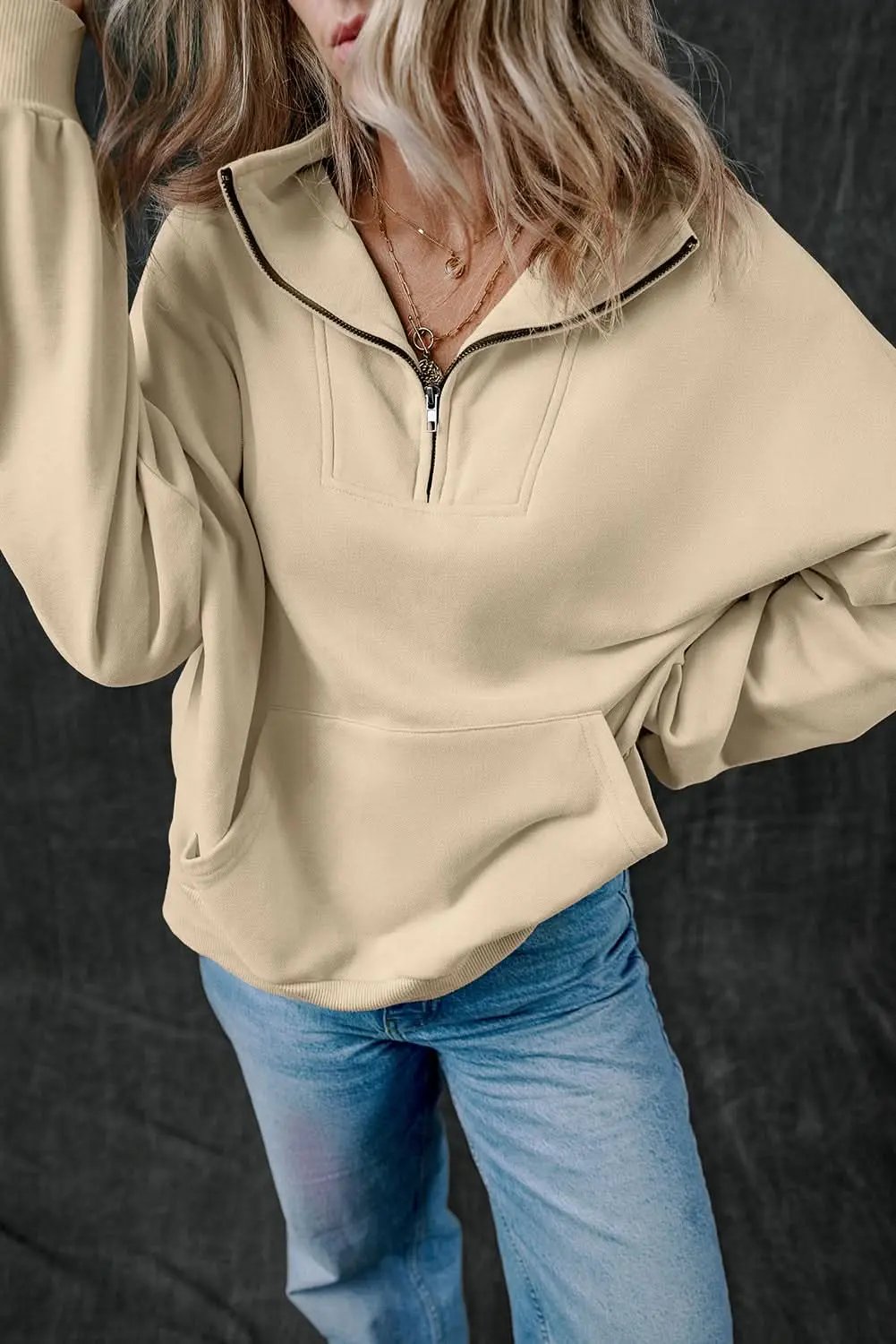 Smoke Gray Zip-up Stand Neck Kangaroo Pocket Sweatshirt - Love Salve 