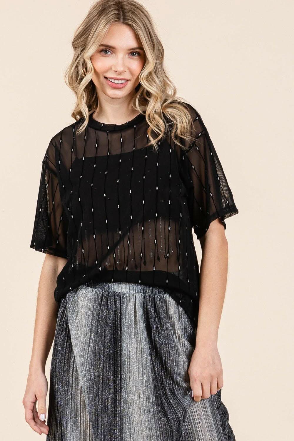 Sparkling Mesh Drop Shoulder Top 