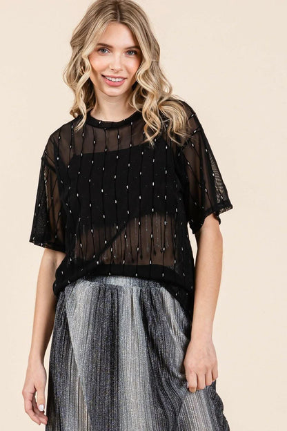 Sparkling Mesh Drop Shoulder Top 