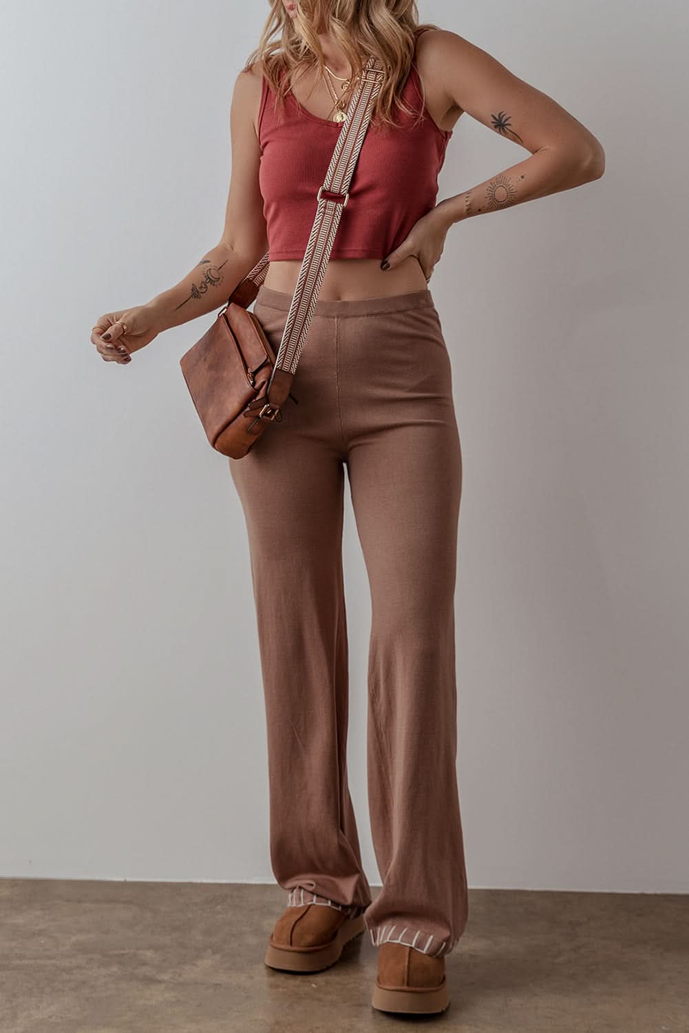 Straw Yellow High Waist Straight Leg Knitted Pants - Love Salve 