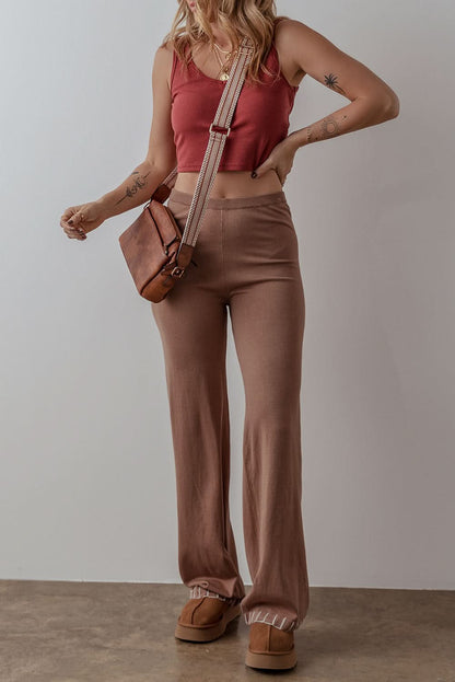 Straw Yellow High Waist Straight Leg Knitted Pants - Love Salve 