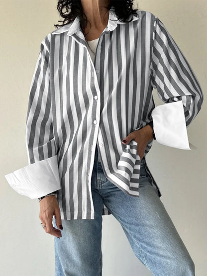 Striped Collared Neck Long Sleeve Shirt 