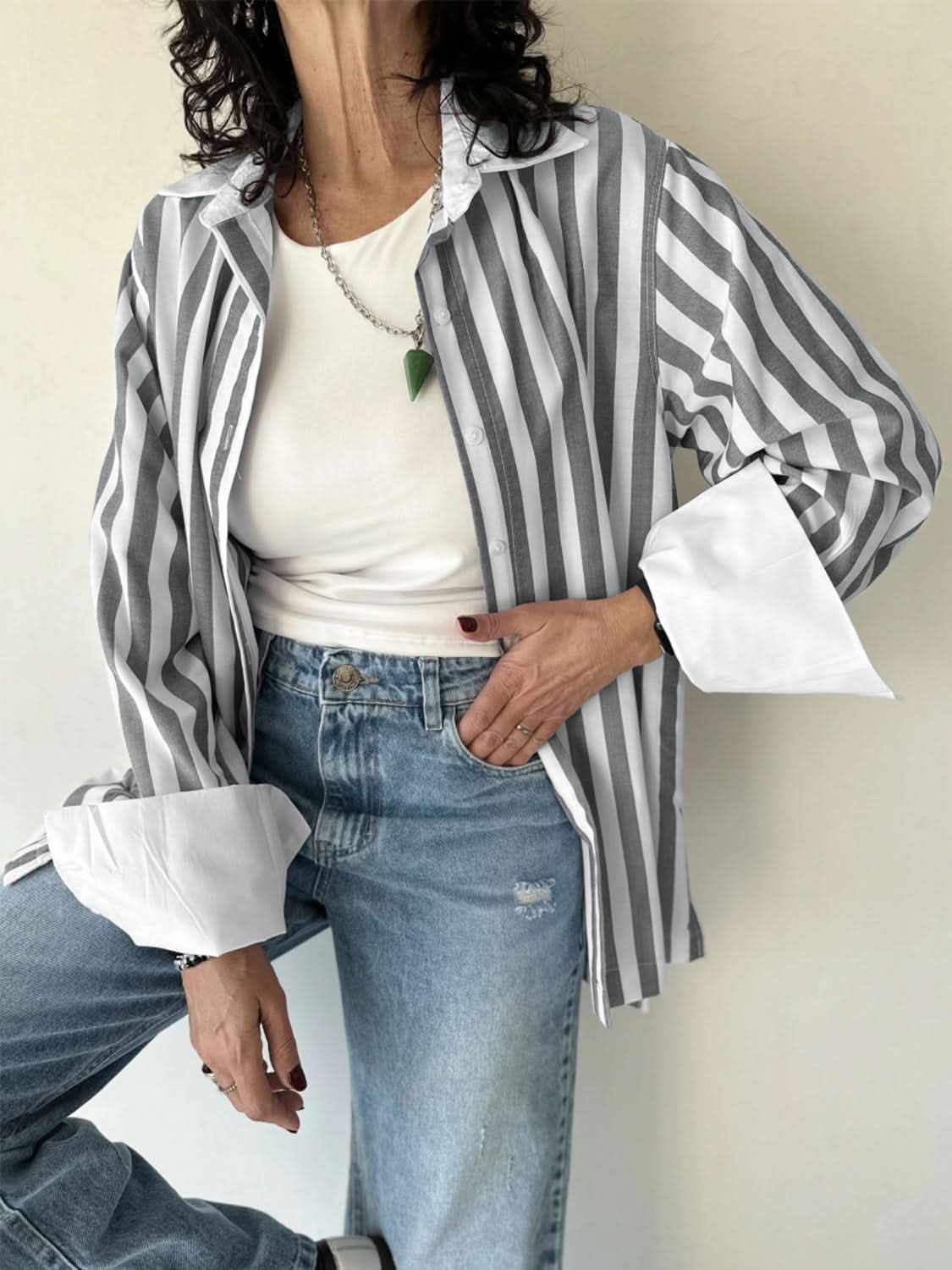 Striped Collared Neck Long Sleeve Shirt 