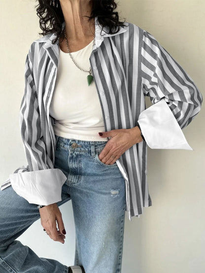 Striped Collared Neck Long Sleeve Shirt 