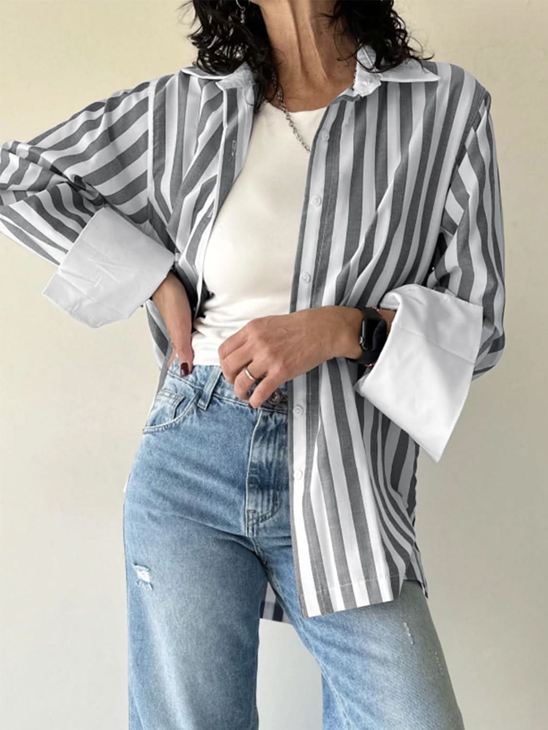 Striped Collared Neck Long Sleeve Shirt 