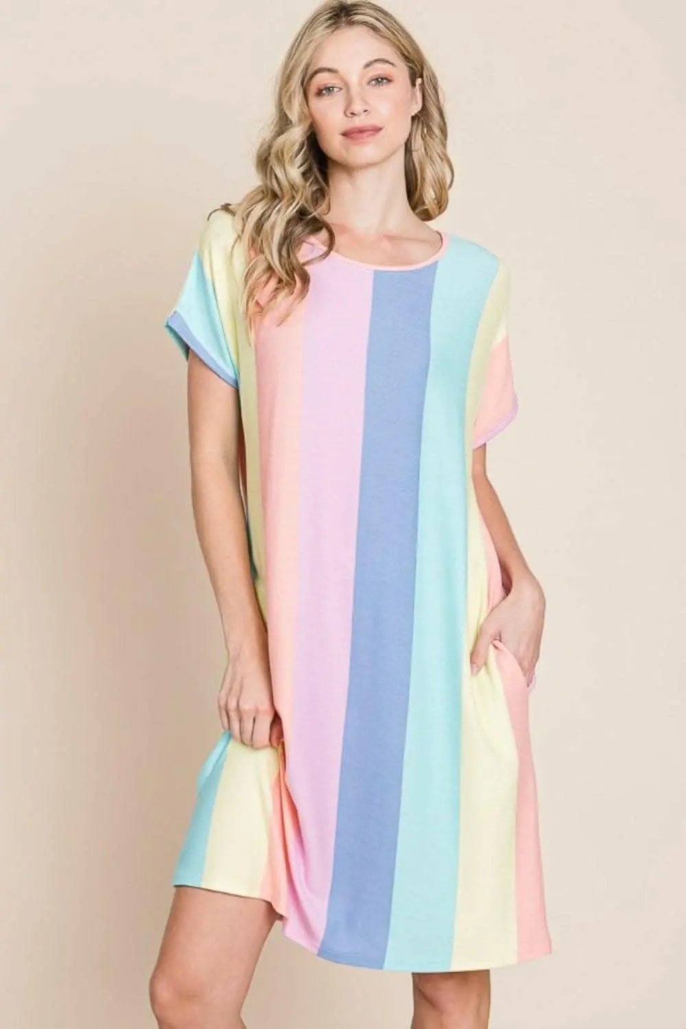 Striped Short Sleeve Dress with Pockets - Classic Elegance - Love Salve 