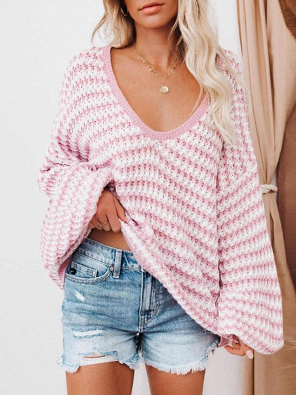 Striped V-Neck Drop Shoulder Sweater - Love Salve 