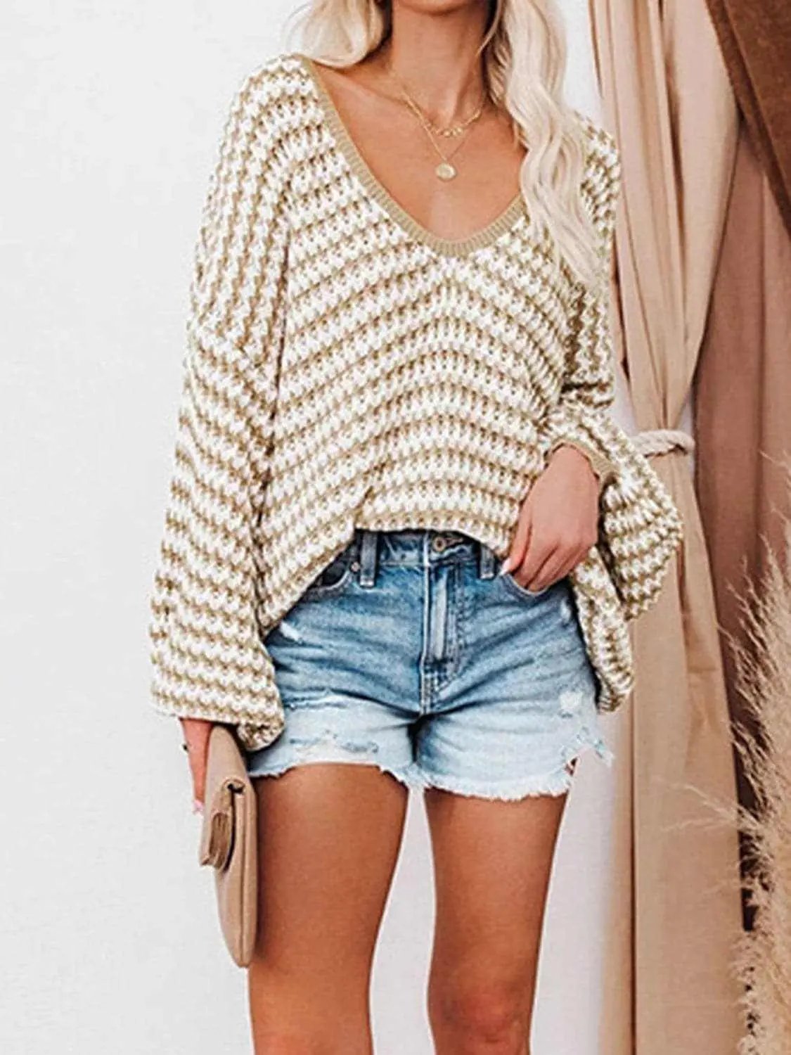 Striped V-Neck Drop Shoulder Sweater - Love Salve 