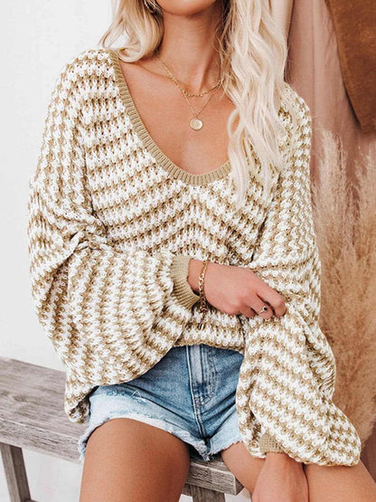 Striped V-Neck Drop Shoulder Sweater - Love Salve 