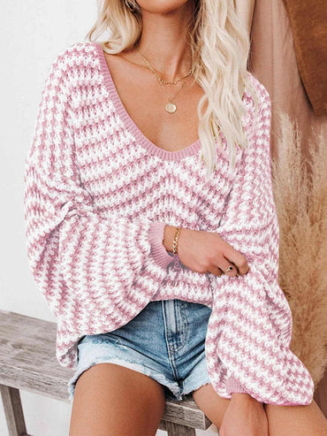 Striped V-Neck Drop Shoulder Sweater - Love Salve 
