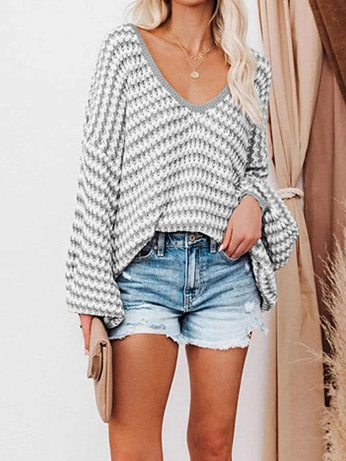 Striped V-Neck Drop Shoulder Sweater - Love Salve 