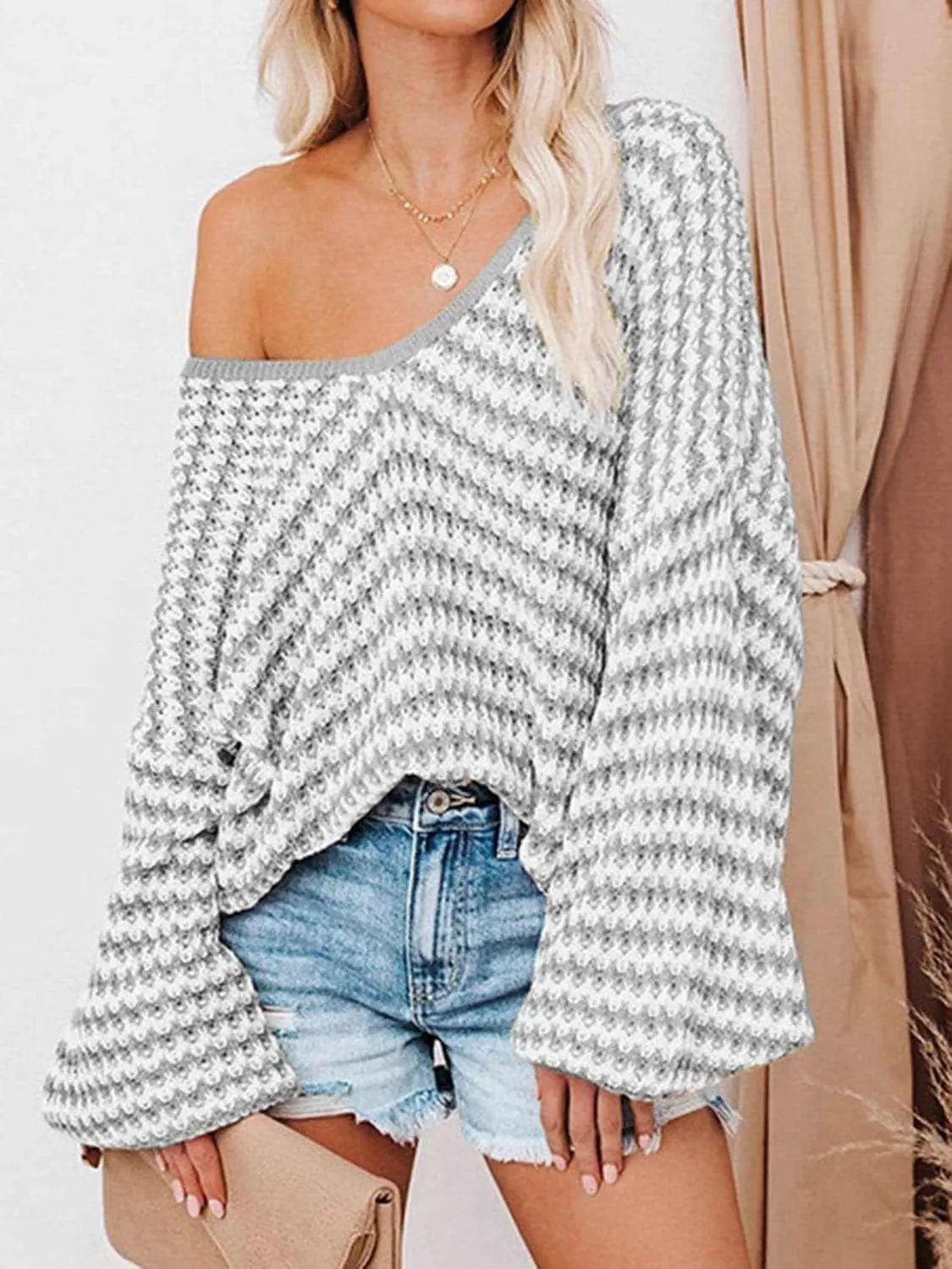 Striped V-Neck Drop Shoulder Sweater - Love Salve 
