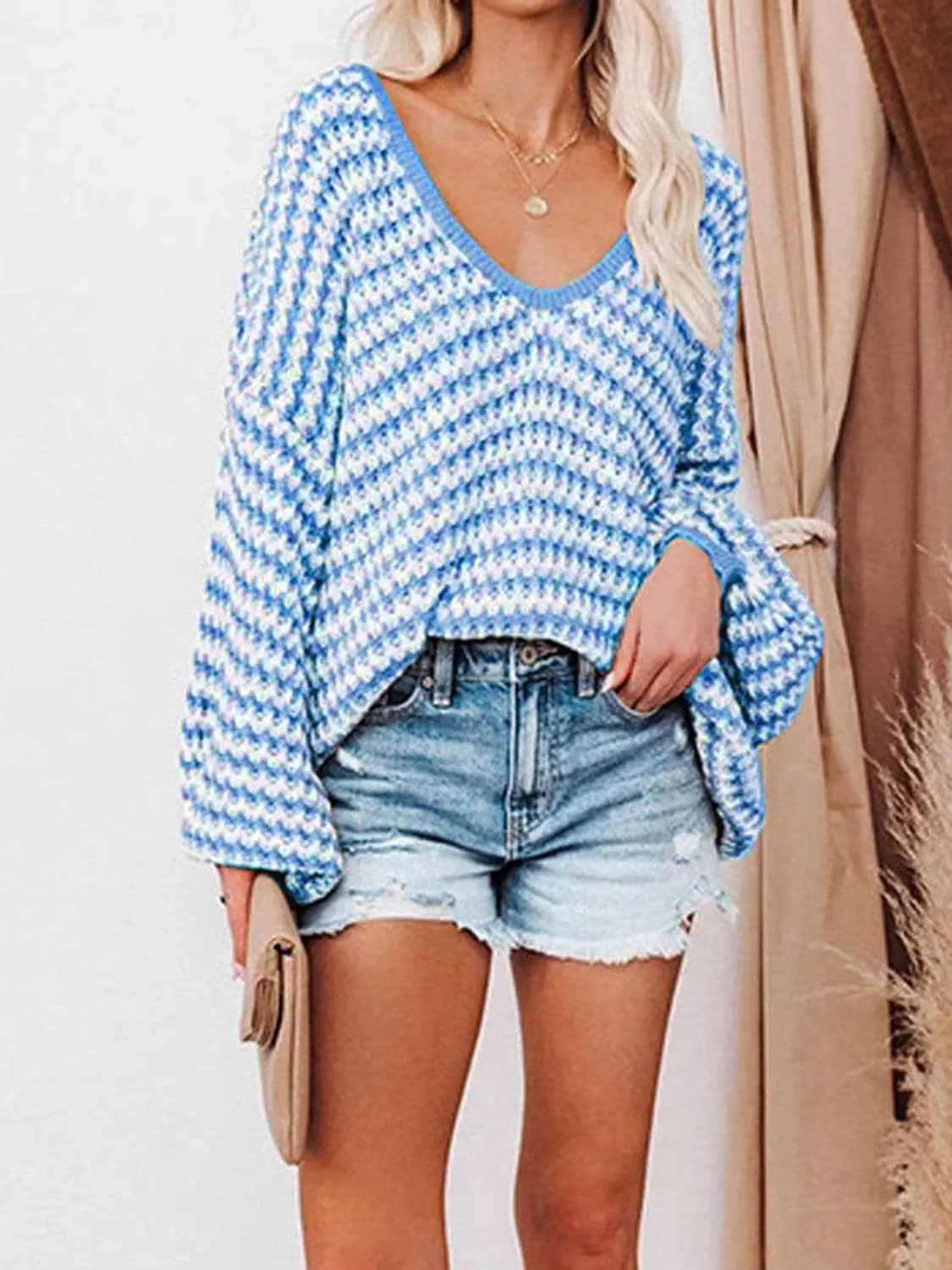 Striped V-Neck Drop Shoulder Sweater - Love Salve 