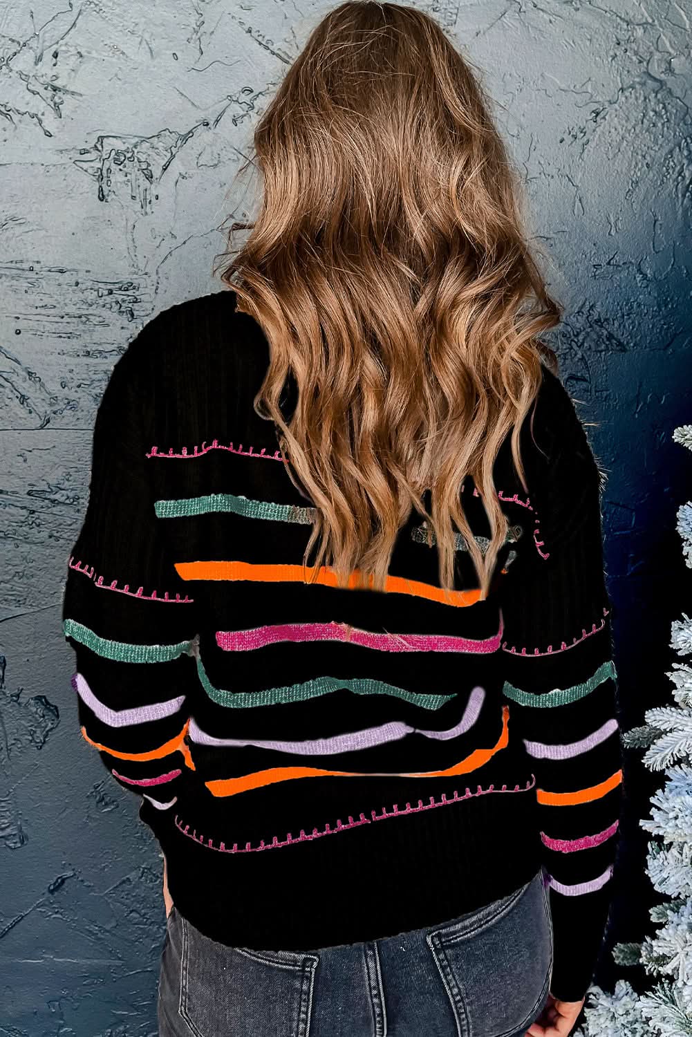 Striped black sweater with accents - Love Salve 