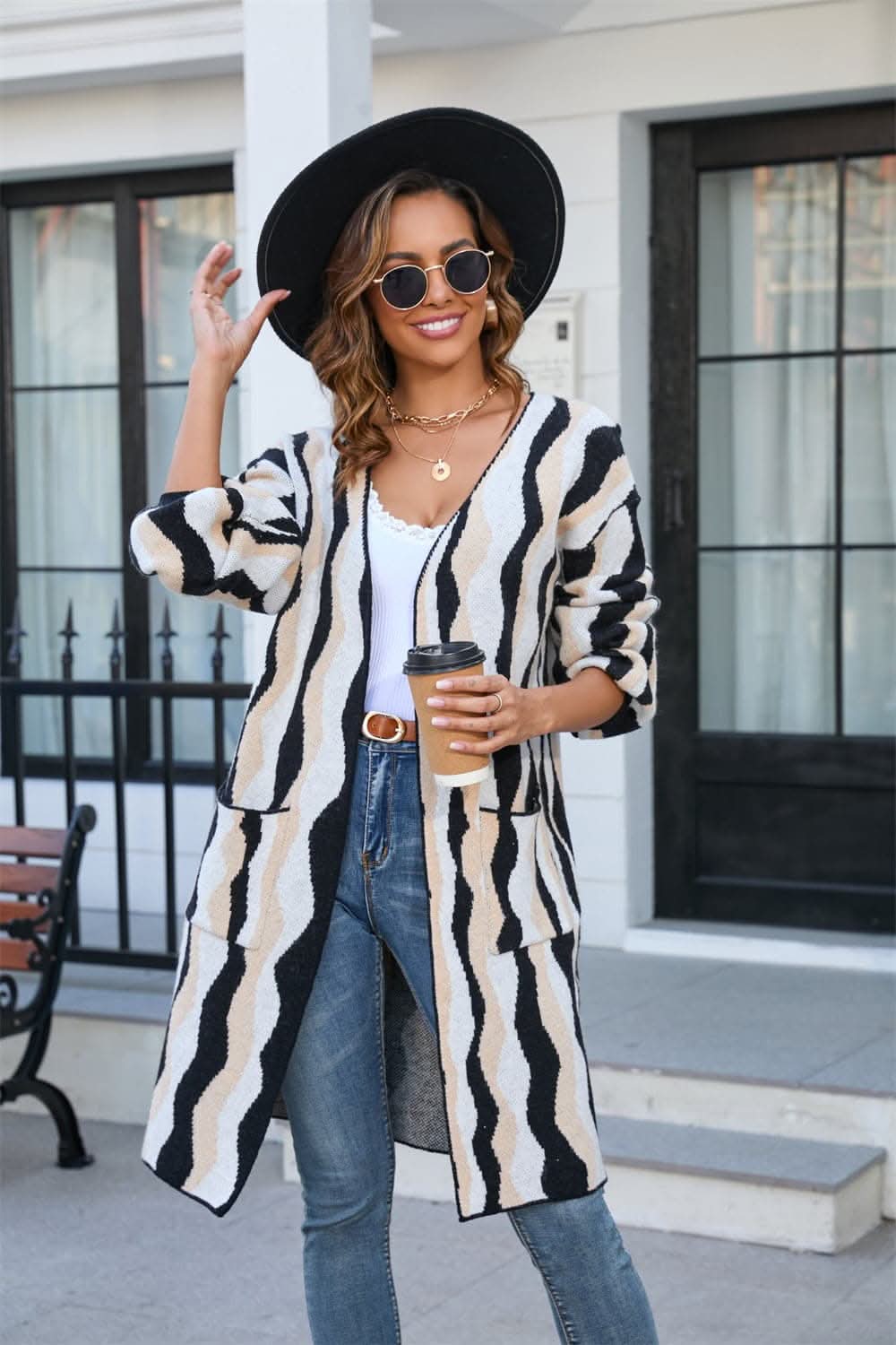 Striped long cardigan with pockets 
