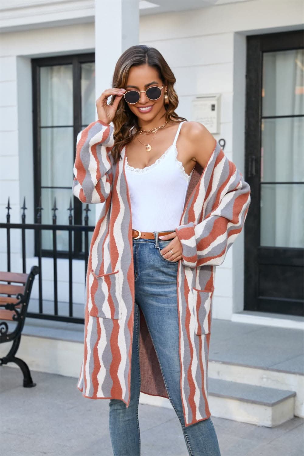 Striped long cardigan with pockets 