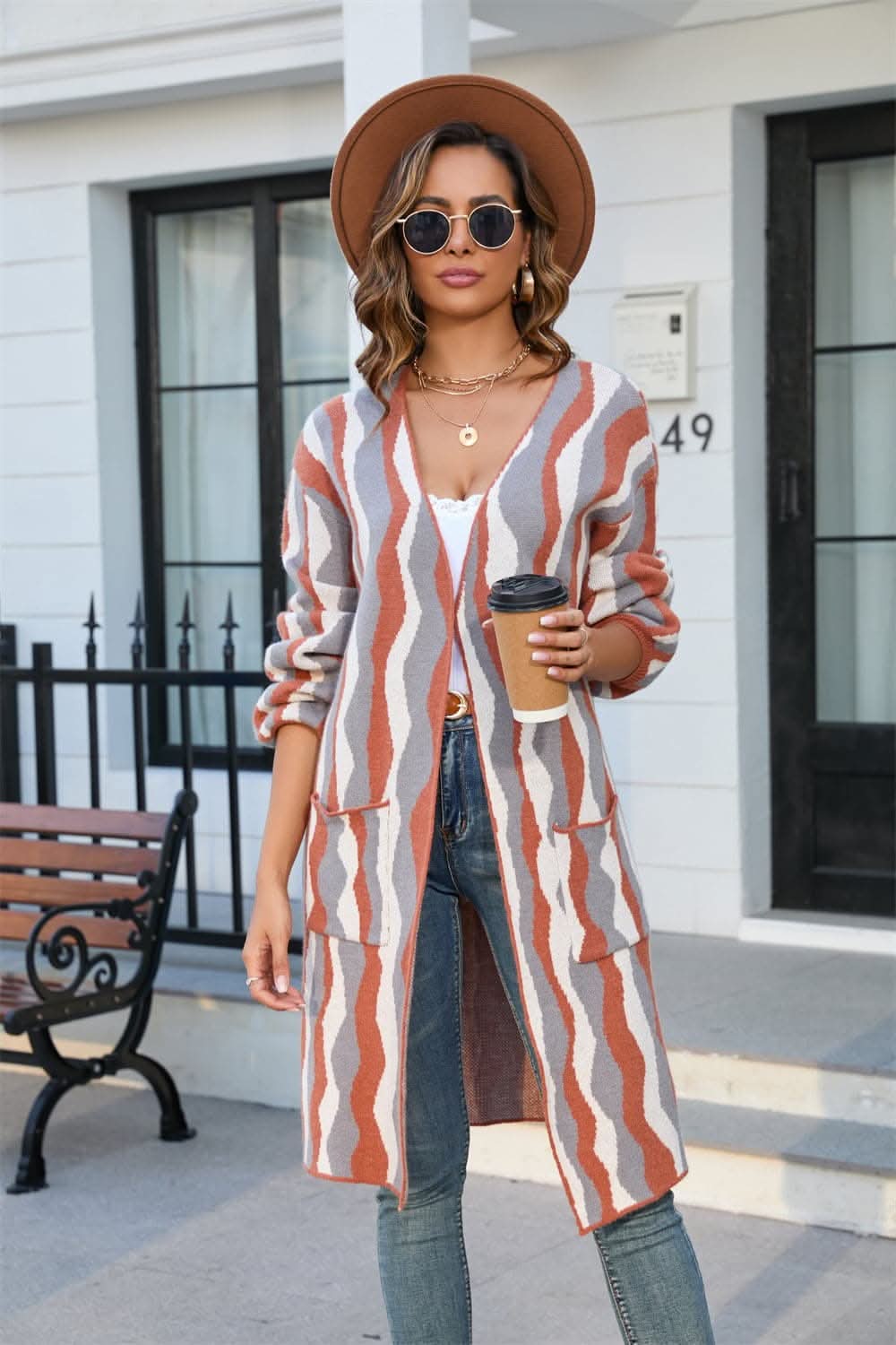 Striped long cardigan with pockets 