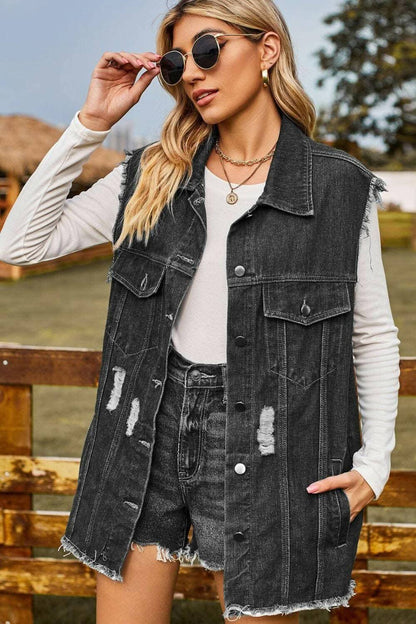 Stylish distressed denim sleeveless top - Love Salve 