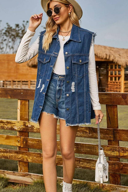 Stylish distressed denim sleeveless top - Love Salve 