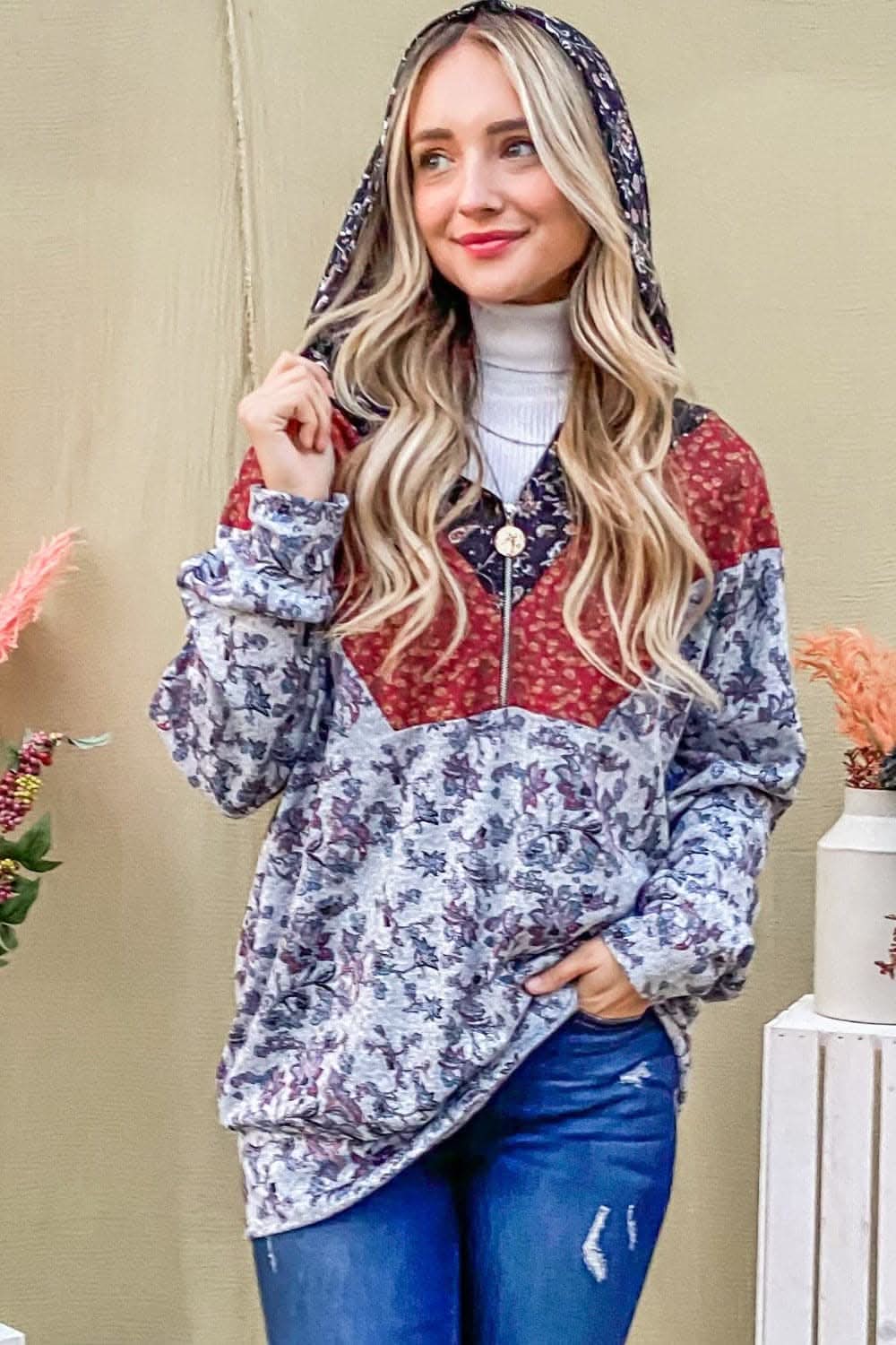 Stylish half zip hoodie with printed flair 