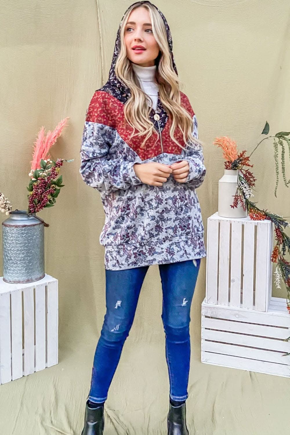 Stylish half zip hoodie with printed flair 