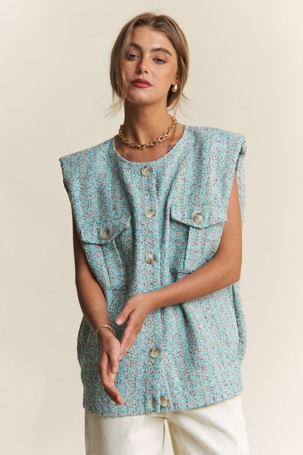Stylish tweed padded shoulder vest - Love Salve 