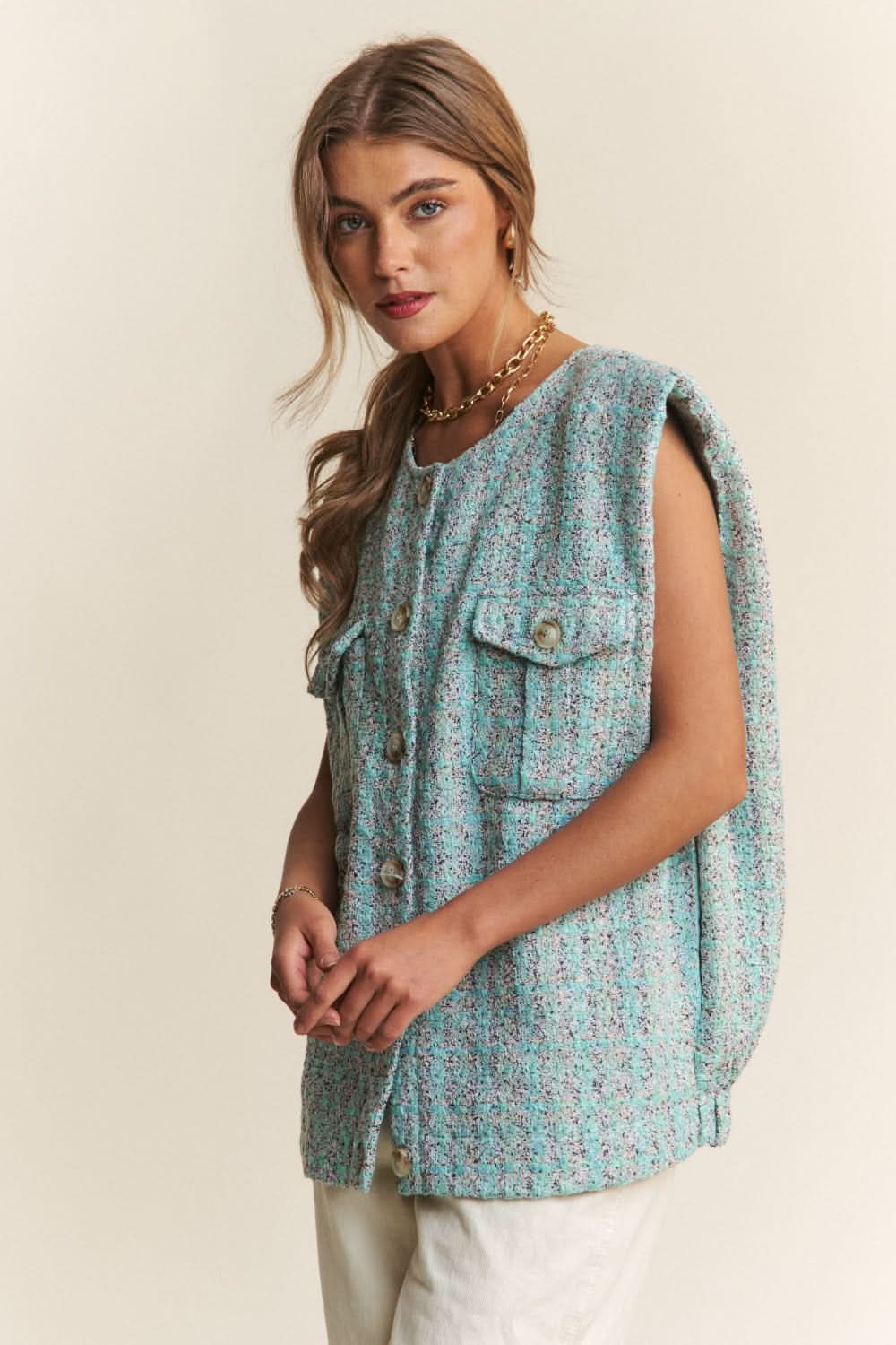 Stylish tweed padded shoulder vest - Love Salve 