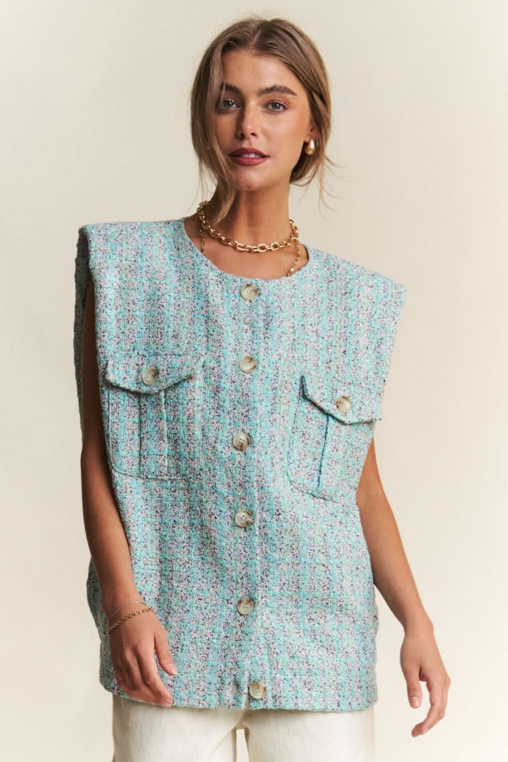 Stylish tweed padded shoulder vest - Love Salve 
