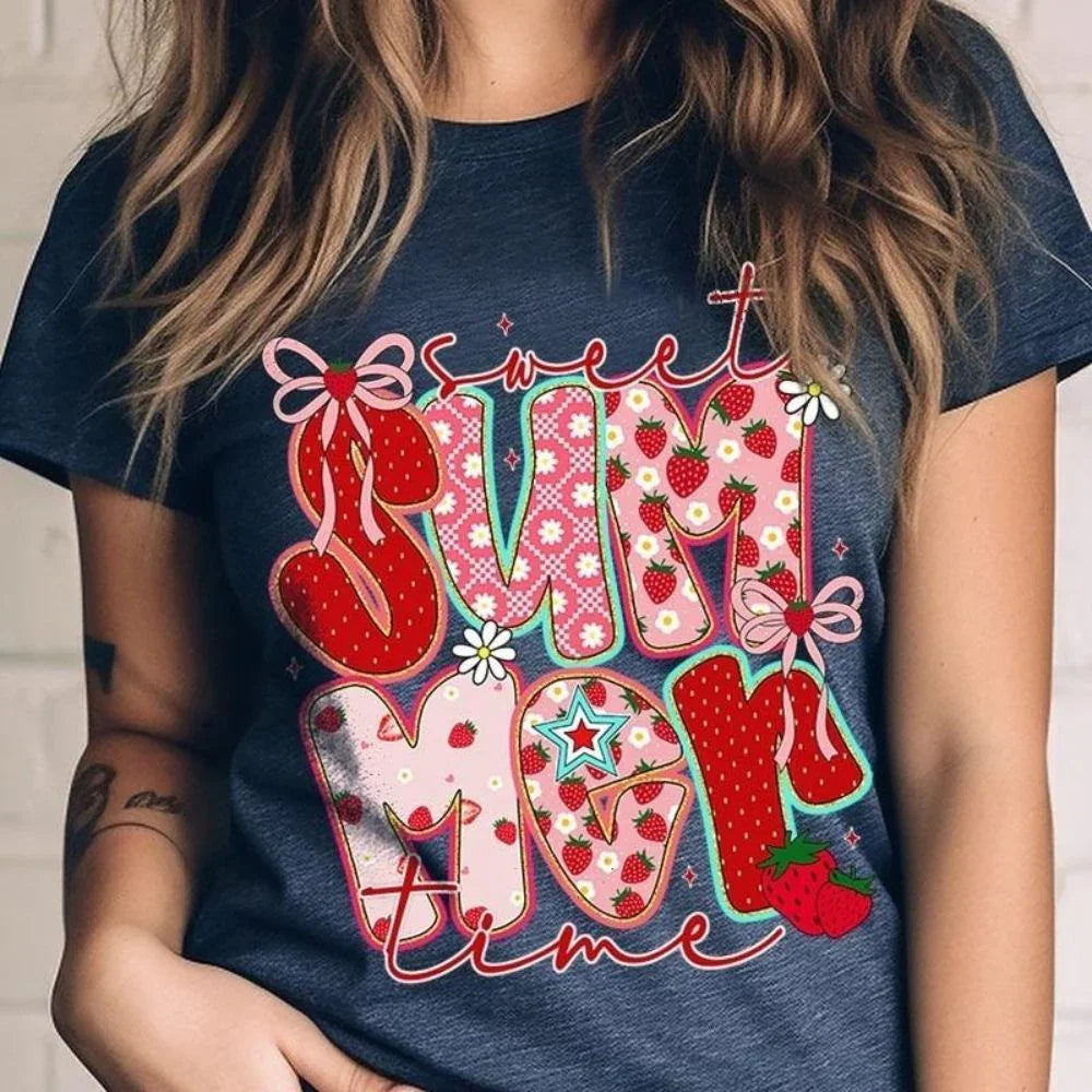 Close-up detail of the Adorb.co Sweet Summertime Tee's retro graphic, featuring vibrant, aesthetic beach-themed lettering.