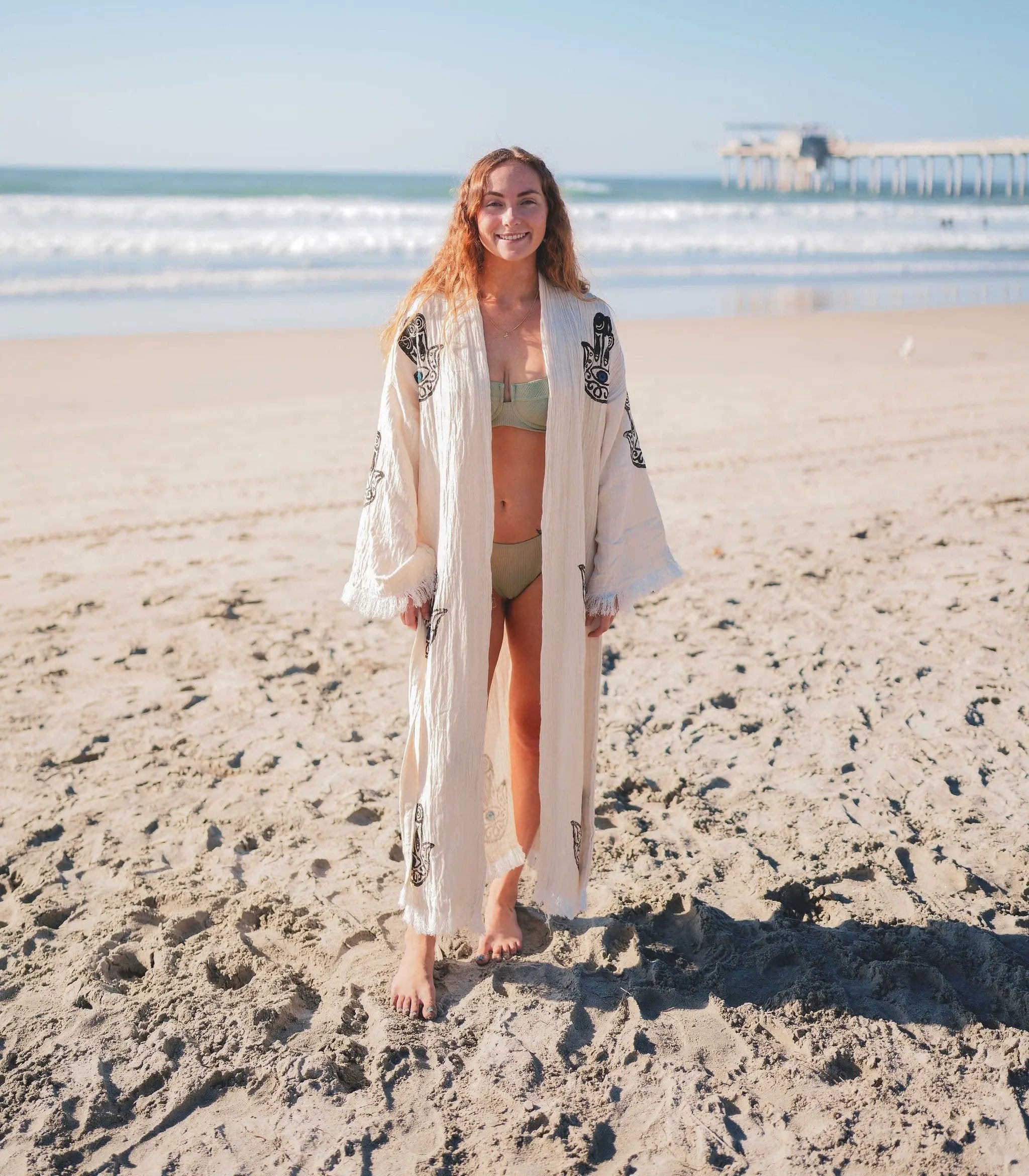 Muslin Cotton Kimono Bathrobe Hamsa Hand Print - Love Salve 