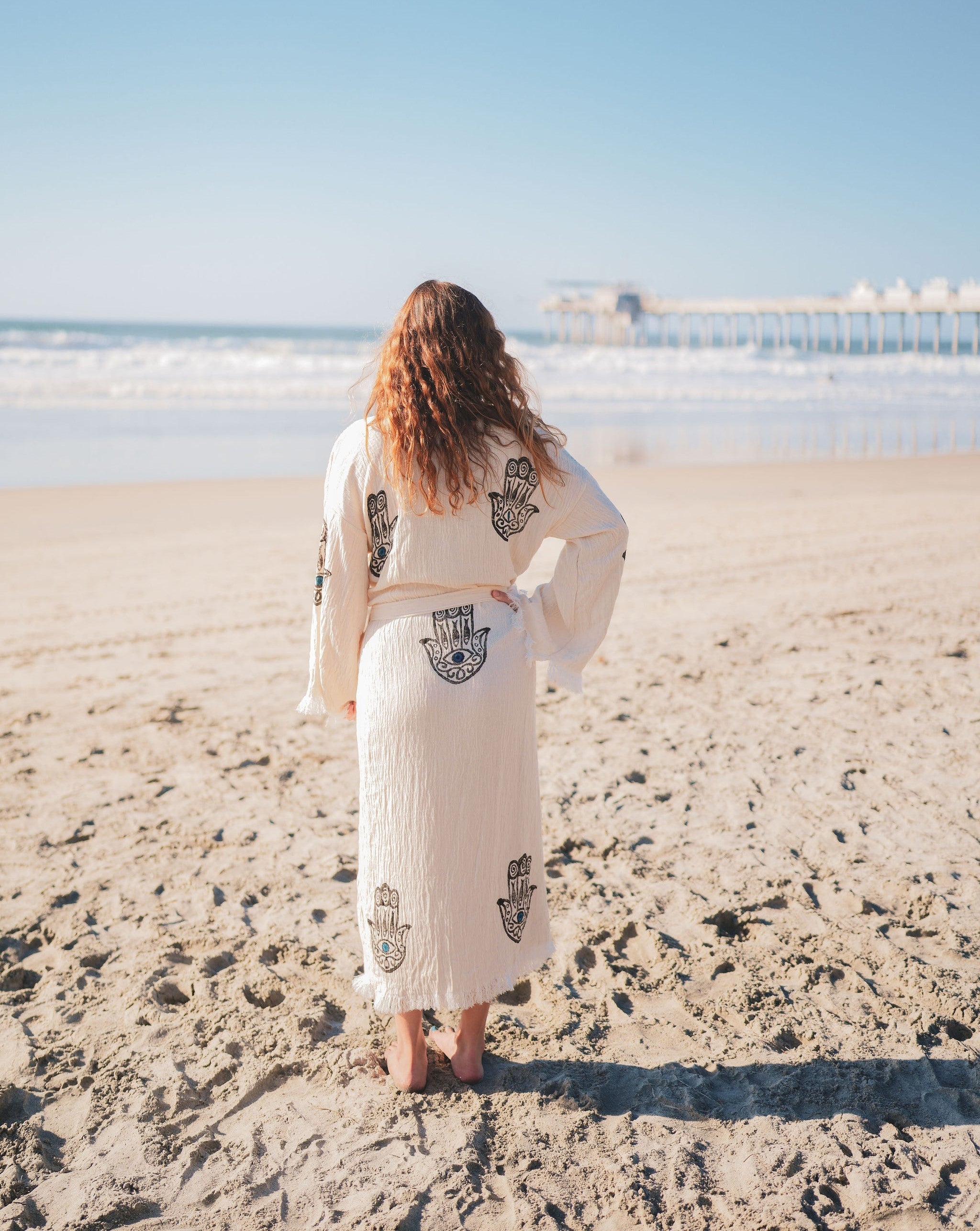Muslin Cotton Kimono Bathrobe Hamsa Hand Print - Love Salve 