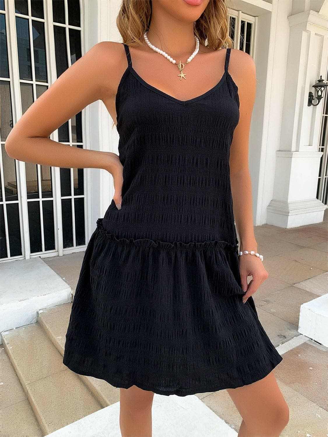 Textured V-neck ruffle hem dress - Love Salve 