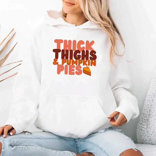 Adorb Custom Tees Thick Thighs and Pumpkin Pies Fall Vibes Fleece Pullover Hoodie, cozy autumn apparel for quality shoppers.