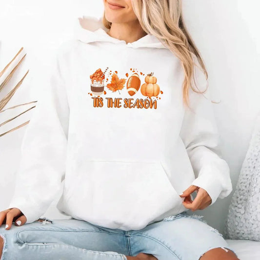 Adorb Custom Tees Tis The Season Fall Vibes Hoodie, full front view, soft fabric, festive autumn graphic.