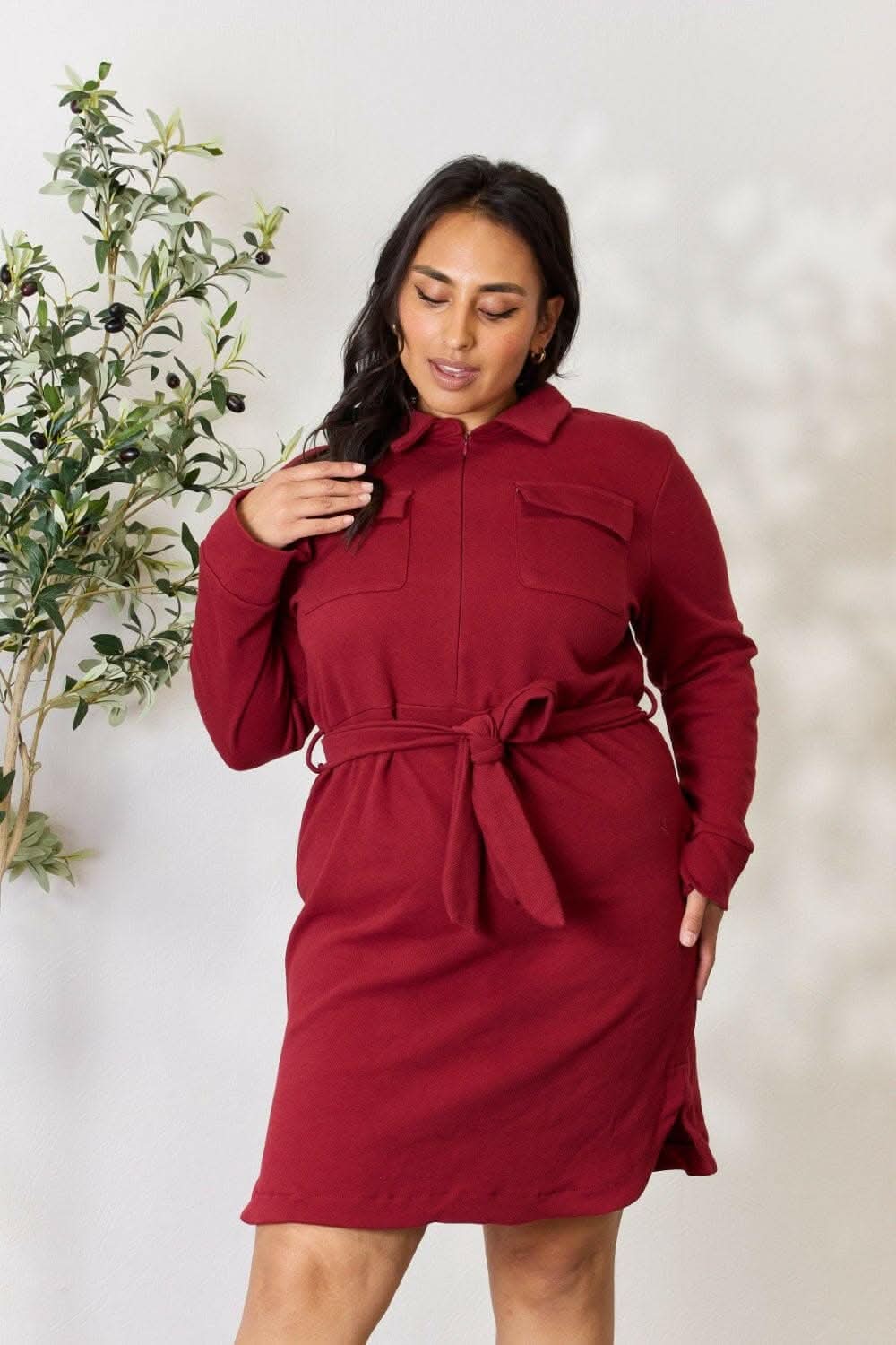 Trendy Zip-Front Shirt Dress with Long Sleeves and Tie Detail 